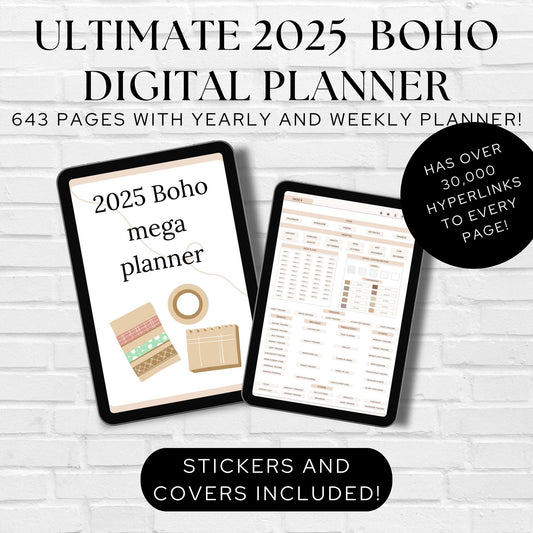 2025 Monday Start Boho Aesthetic Mega Planner | 643 Pages | Linked Digital Planner with Trackers, Stickers, Index, Covers | Goodnotes